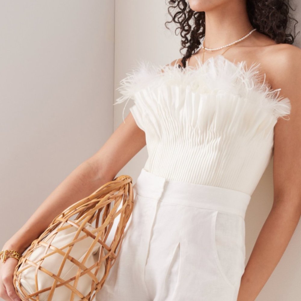 NWT 30% Off-Andres Otalora Brassavola Feather-Embellished Silk-Organza Top -US 6